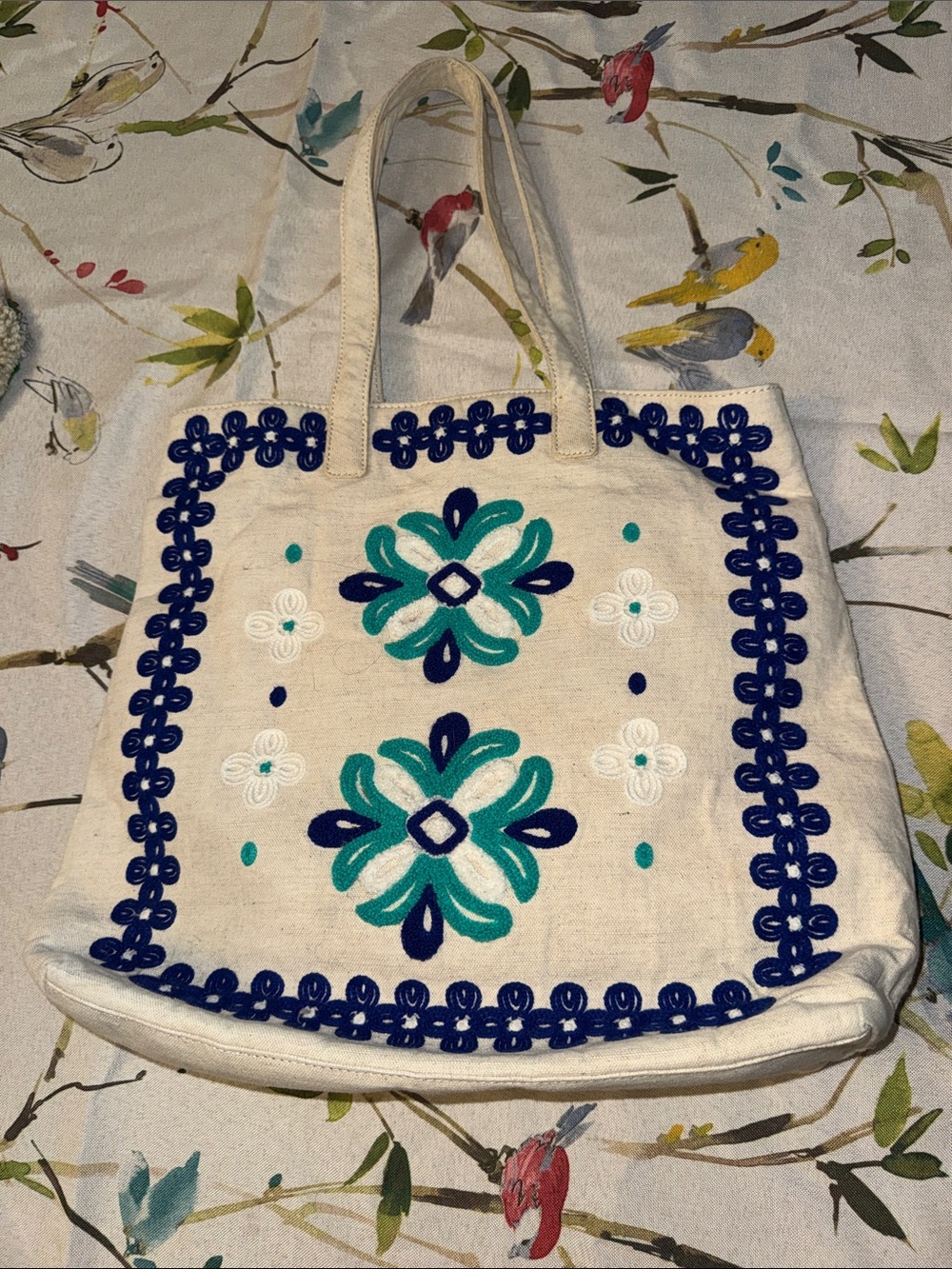 Vineyard Vines White Canvas Tote with Teal & Navy Embroidery